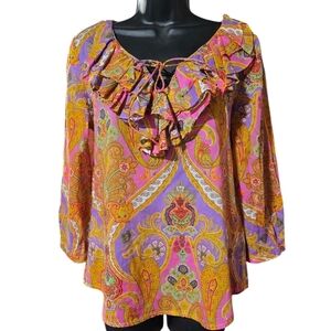 LRL ruffled v-neckline boho cotton paisley blouse